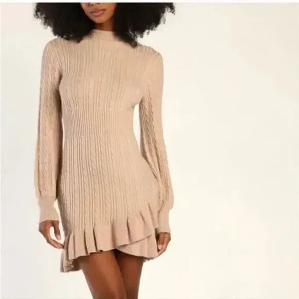 Flat White Sweater Dress Womens Small Beige Cable Knit Ruffle Mini Mock Neck